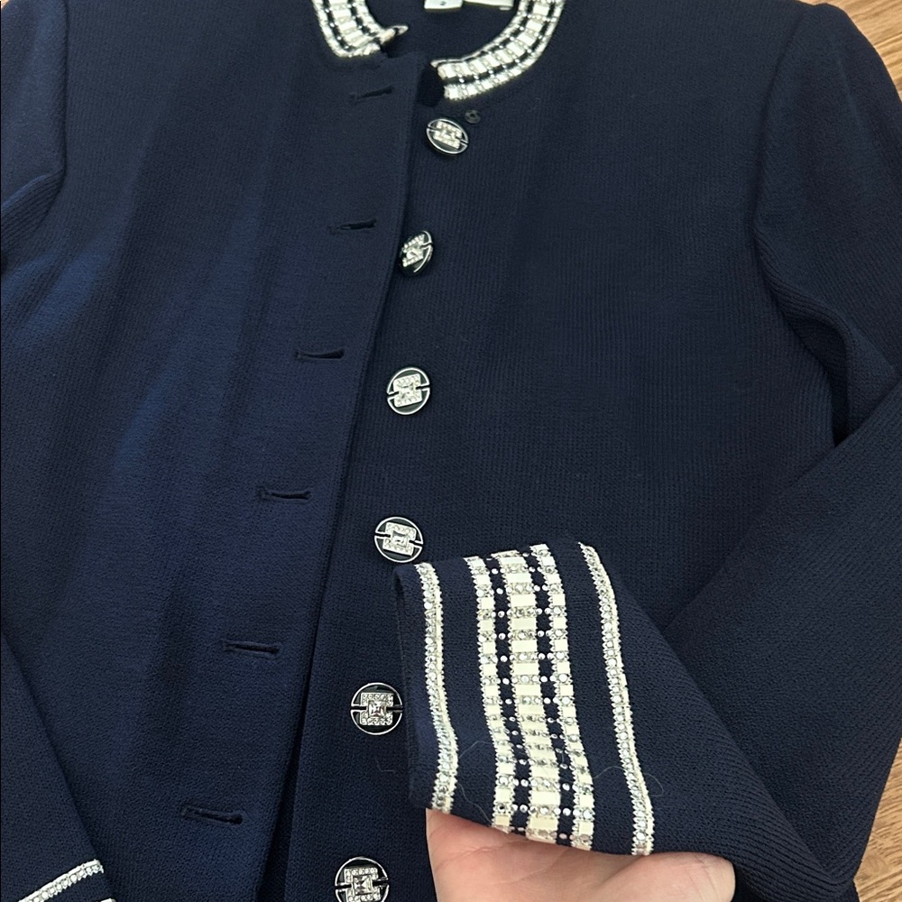 St. John Navy Knit Peacoat with Ivory Trim - Picture 3 of 4